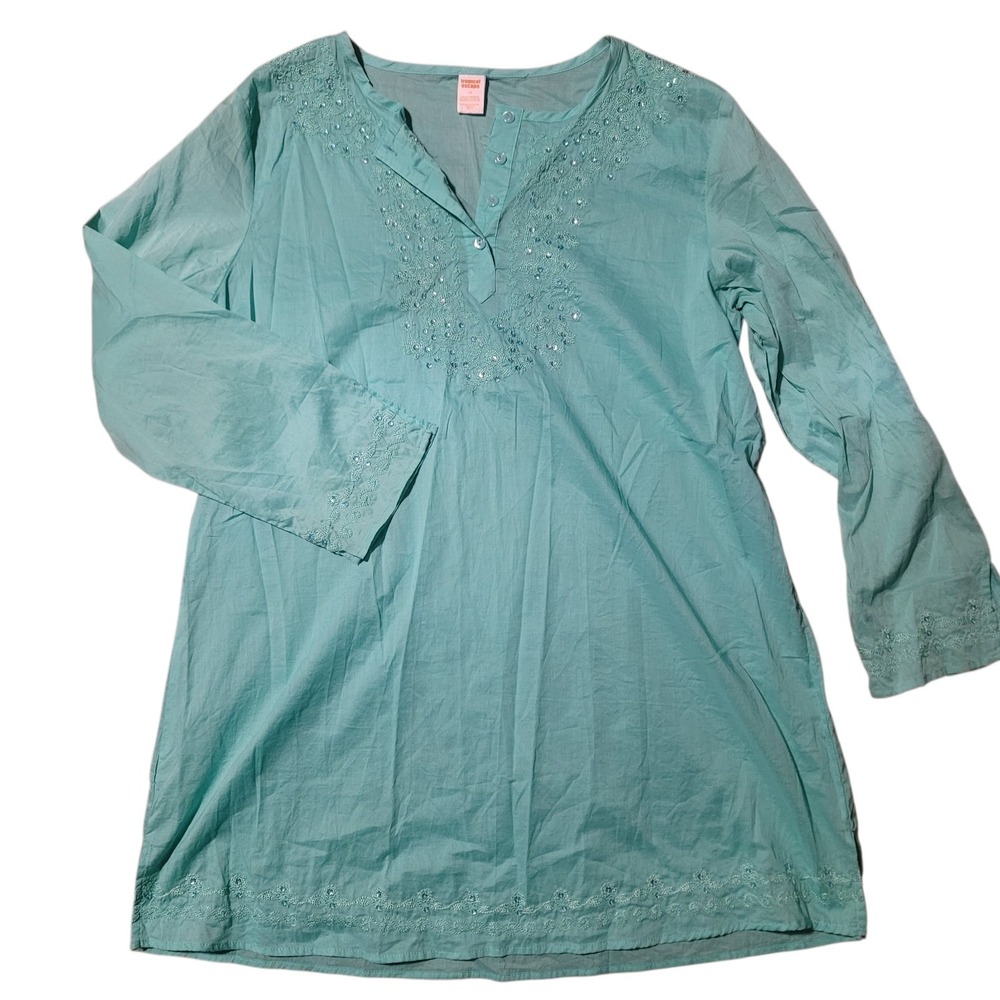 TROPICAL ESCAPE Long Blouse Sz‎ Large Aqua Green Embroidered Dress Top Cover Up